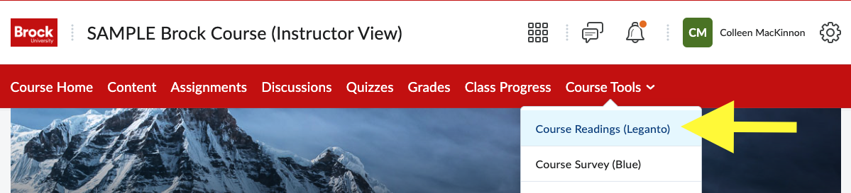 Course readings link under Course Tools menu